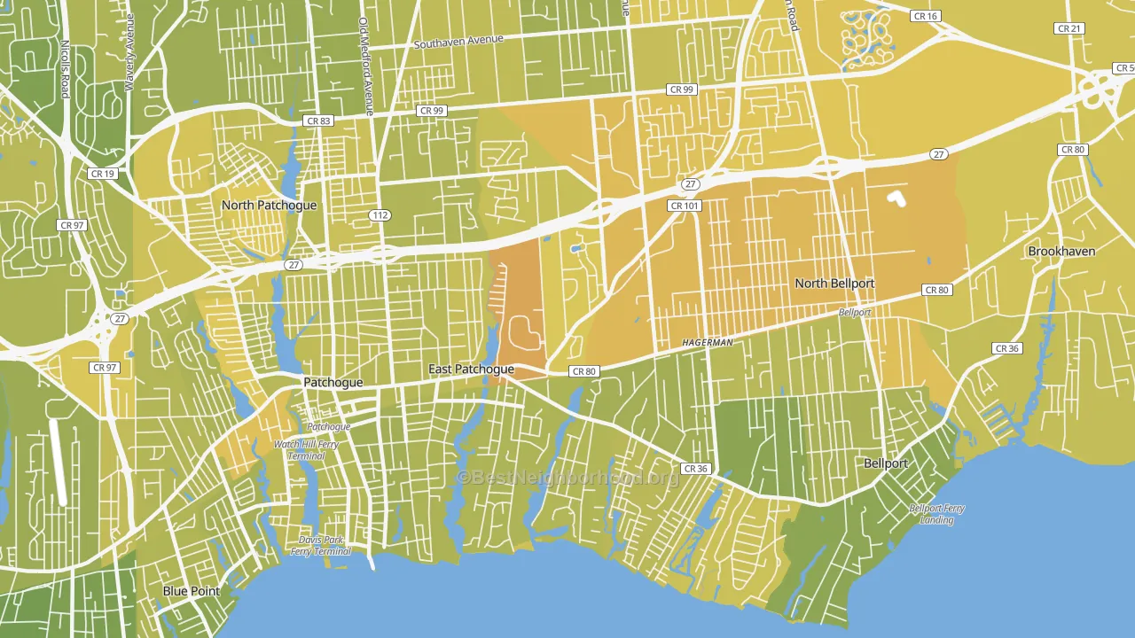 Map of the best neighborhoods in the East Patchogue area, with better matches in green and worse matches in red
