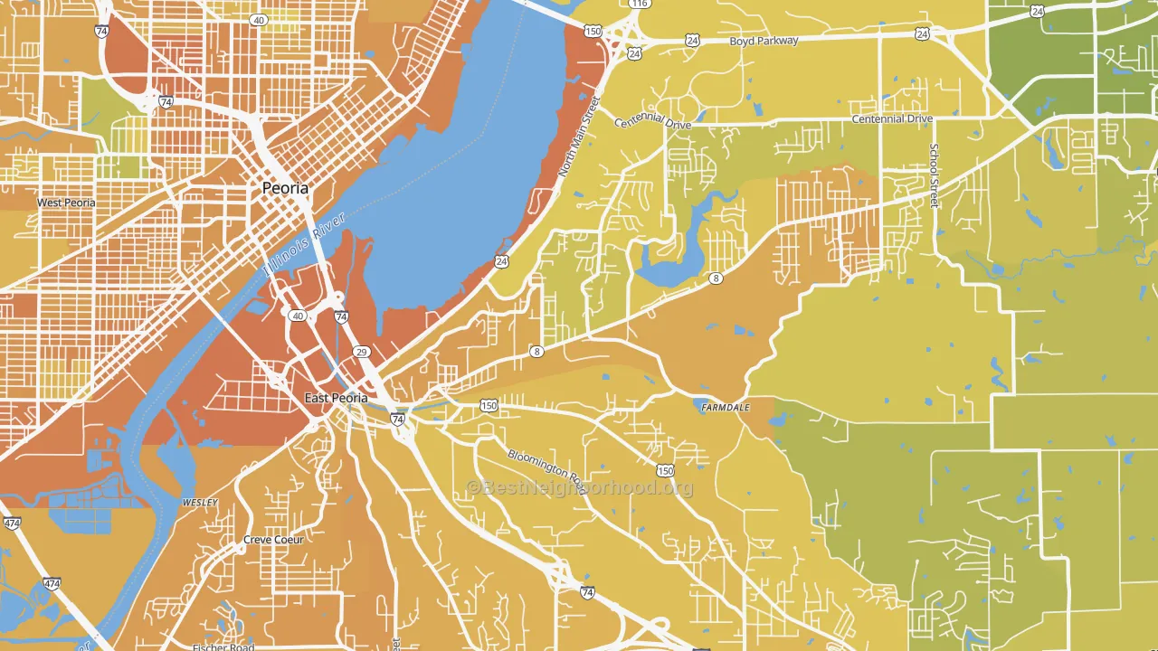 Map of the best neighborhoods in the East Peoria area, with better matches in green and worse matches in red
