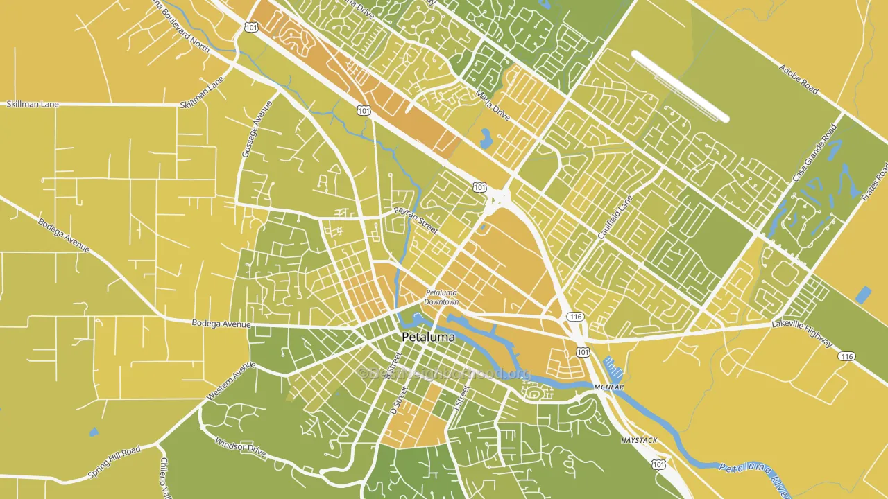 Map of the best neighborhoods in the East Petaluma, Petaluma area, with better matches in green and worse matches in red