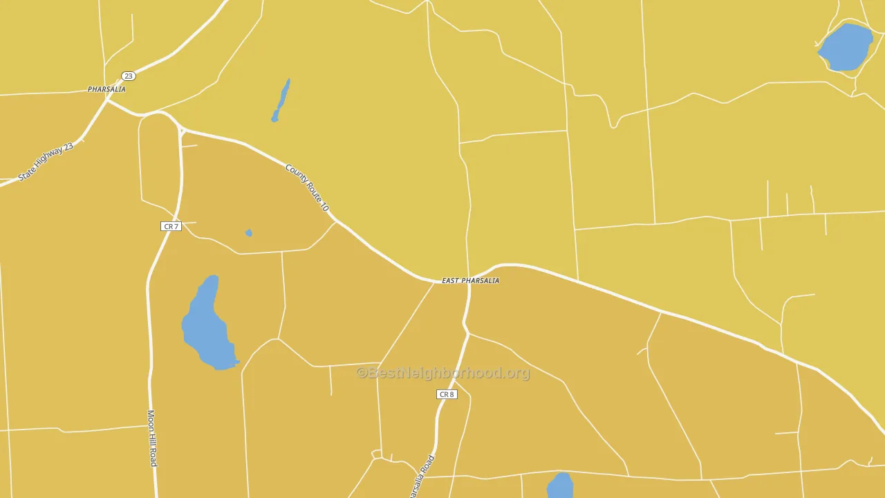 Map of the best neighborhoods in the East Pharsalia area, with better matches in green and worse matches in red