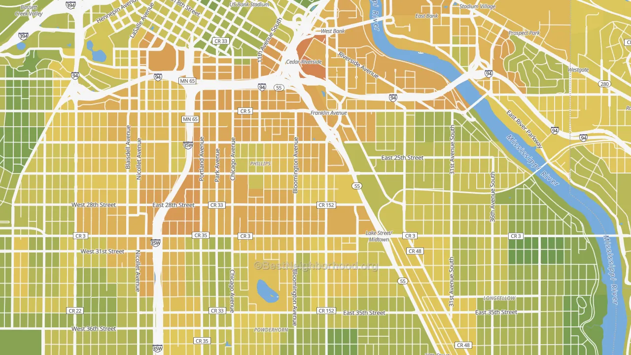 Map of the best neighborhoods in the East Phillips, Minneapolis area, with better matches in green and worse matches in red