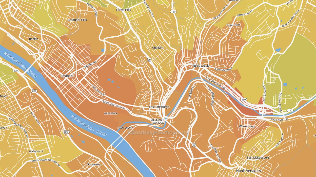 Map of the best neighborhoods in the East Pittsburgh area, with better matches in green and worse matches in red