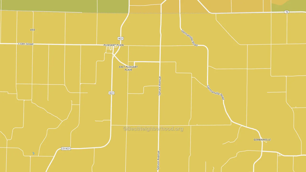 Map of the best neighborhoods in the East Pleasant Plain area, with better matches in green and worse matches in red