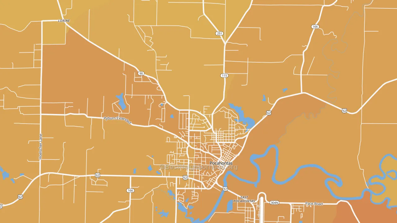 Map of the best neighborhoods in the East Pocahontas area, with better matches in green and worse matches in red
