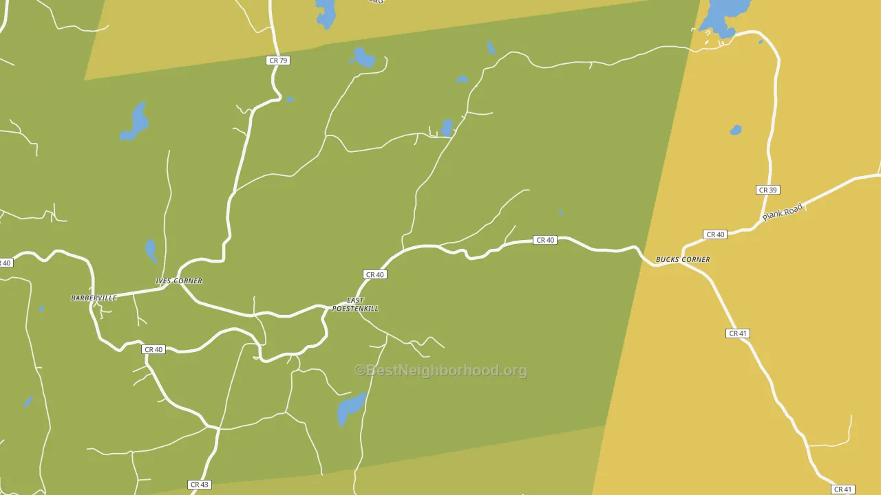 Map of the best neighborhoods in the East Poestenkill area, with better matches in green and worse matches in red
