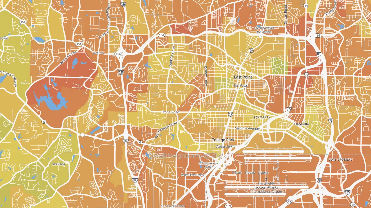 Map of the best neighborhoods in the East Point area, with better matches in green and worse matches in red
