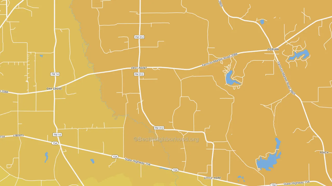 Map of the best neighborhoods in the East Point area, with better matches in green and worse matches in red