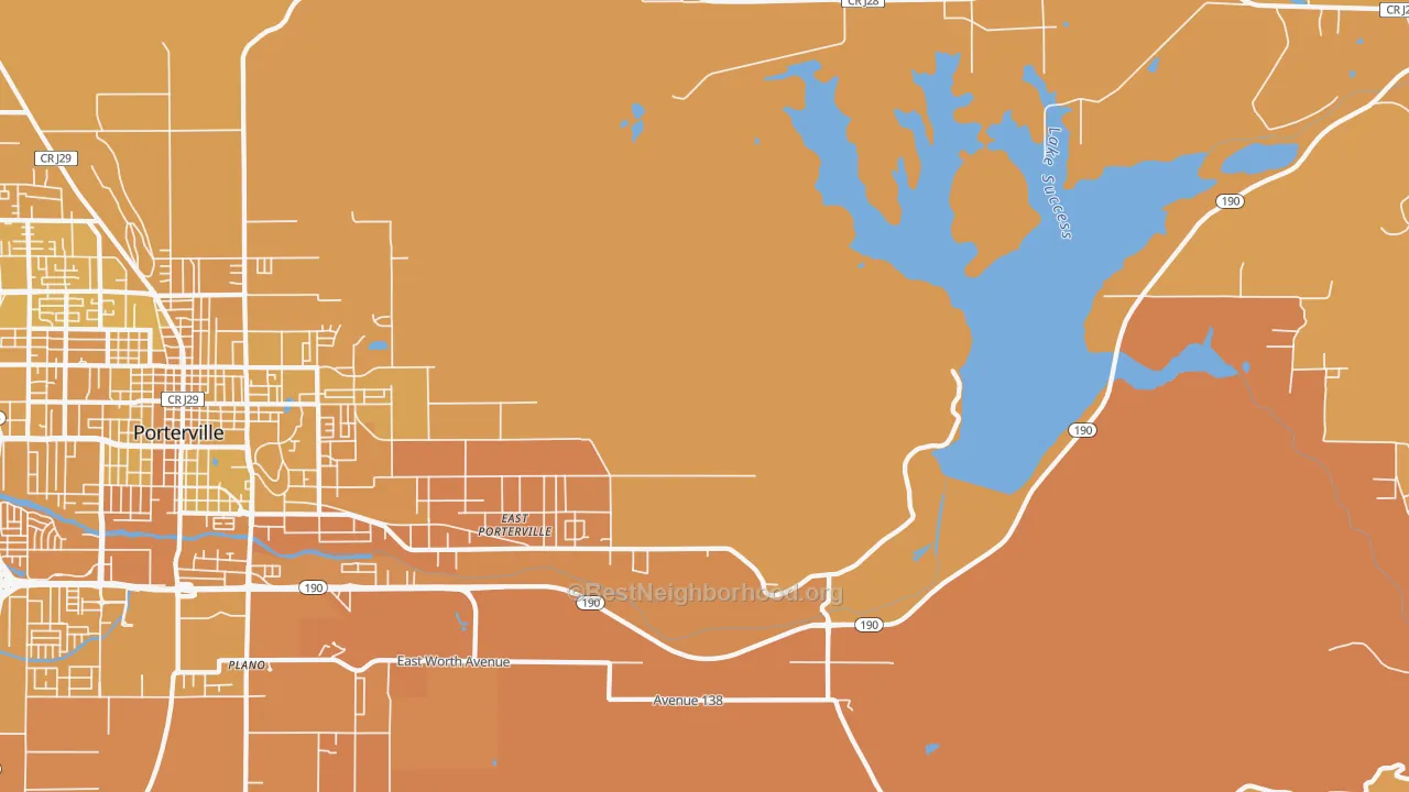 Map of the best neighborhoods in the East Porterville area, with better matches in green and worse matches in red