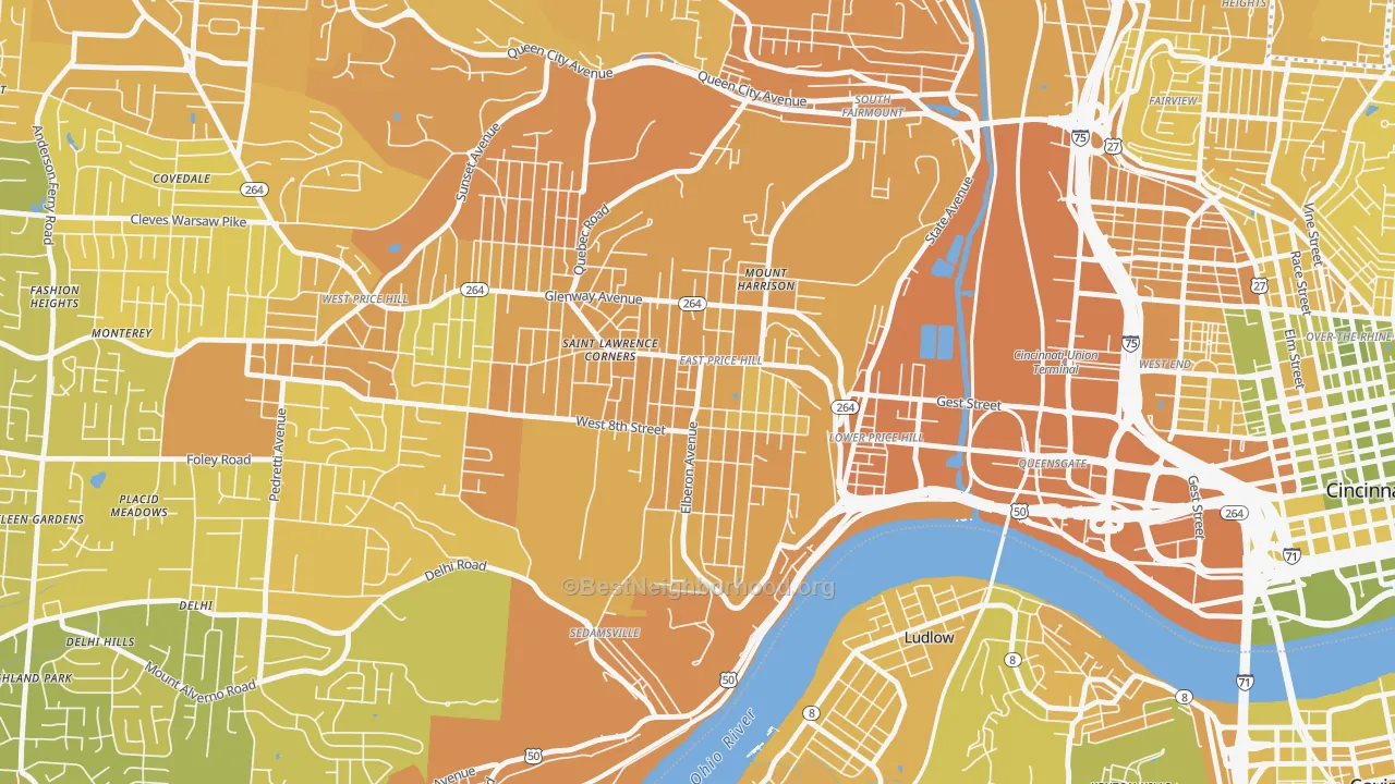 Map of the best neighborhoods in the East Price Hill, Cincinnati area, with better matches in green and worse matches in red