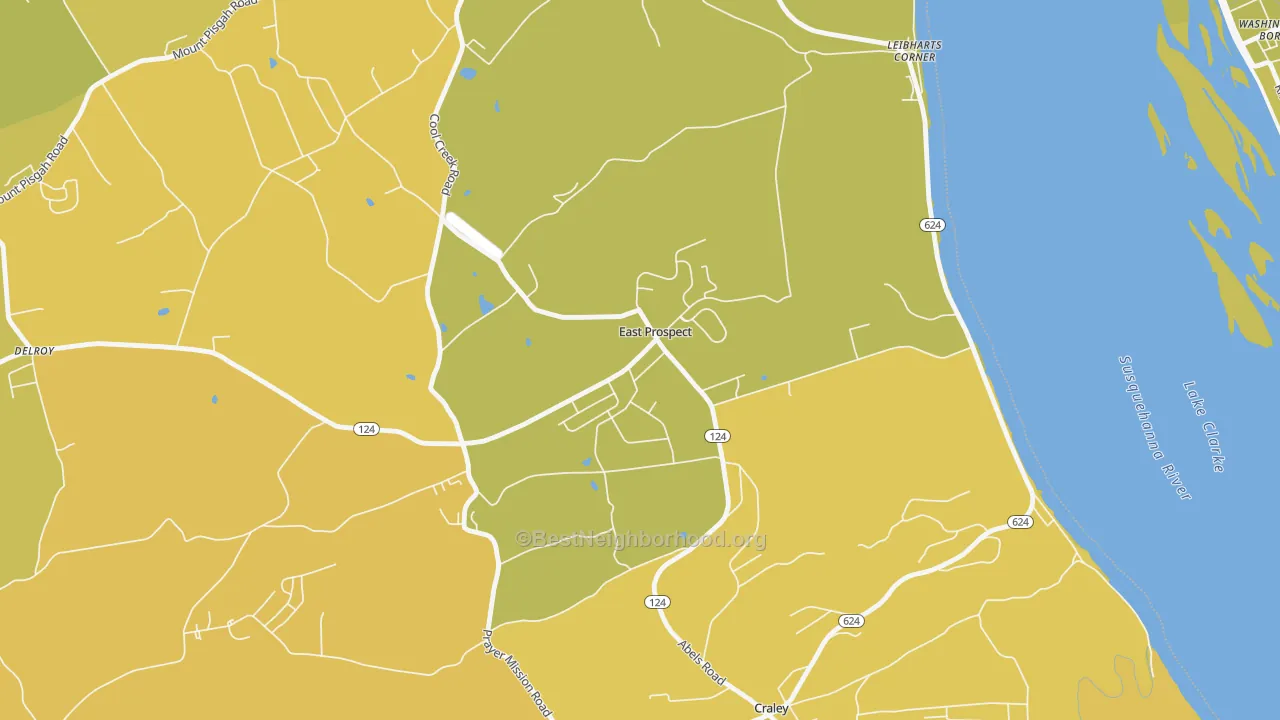 Map of the best neighborhoods in the East Prospect area, with better matches in green and worse matches in red
