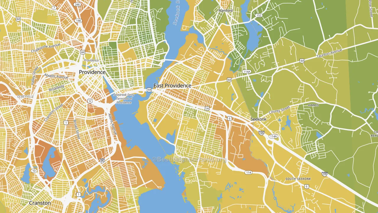 Map of the best neighborhoods in the East Providence area, with better matches in green and worse matches in red