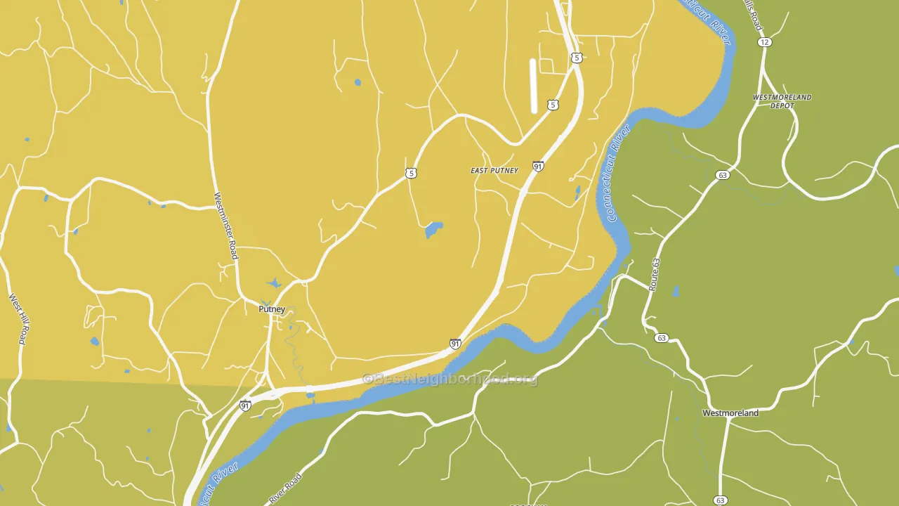 Map of the best neighborhoods in the East Putney area, with better matches in green and worse matches in red