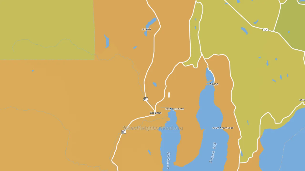 Map of the best neighborhoods in the East Quilcene area, with better matches in green and worse matches in red