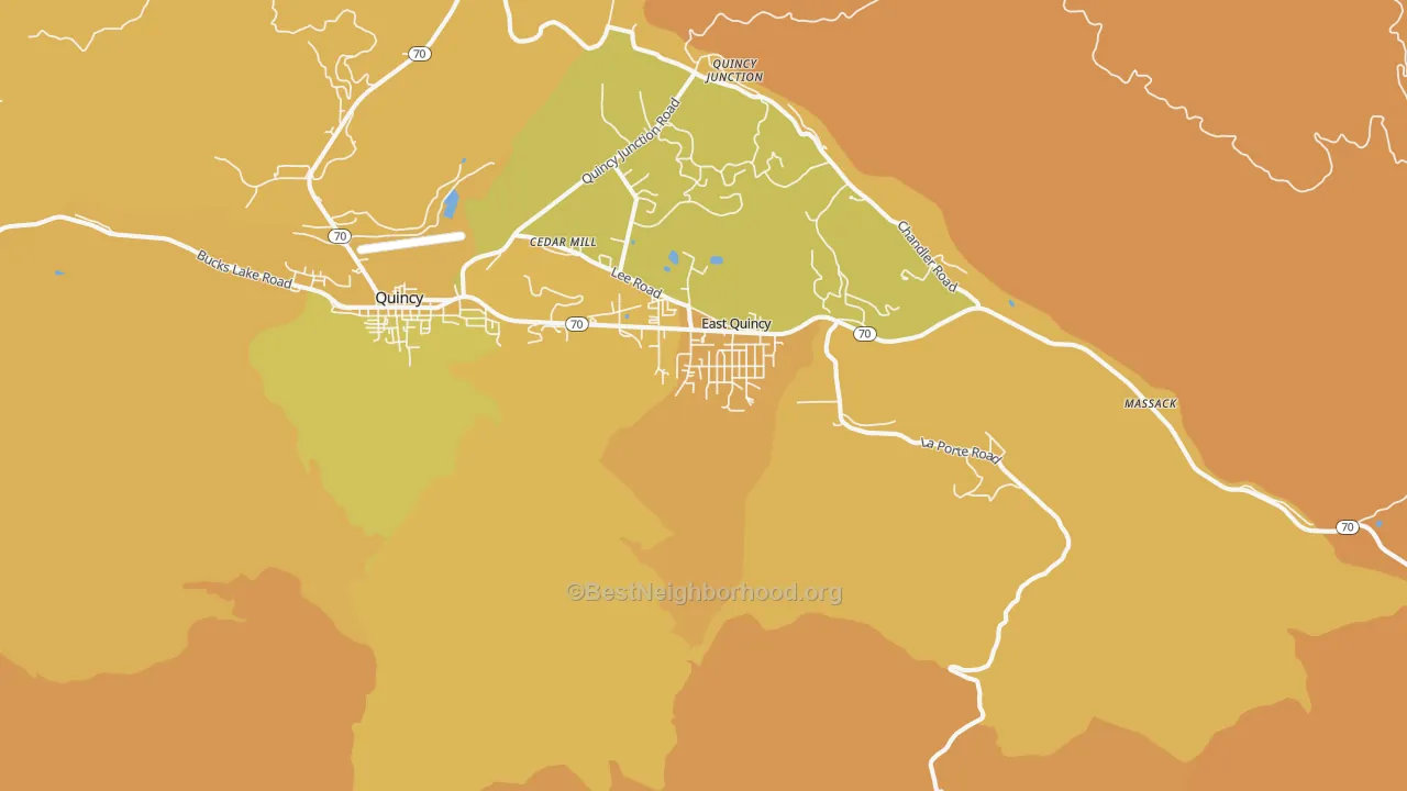 Map of the best neighborhoods in the East Quincy area, with better matches in green and worse matches in red