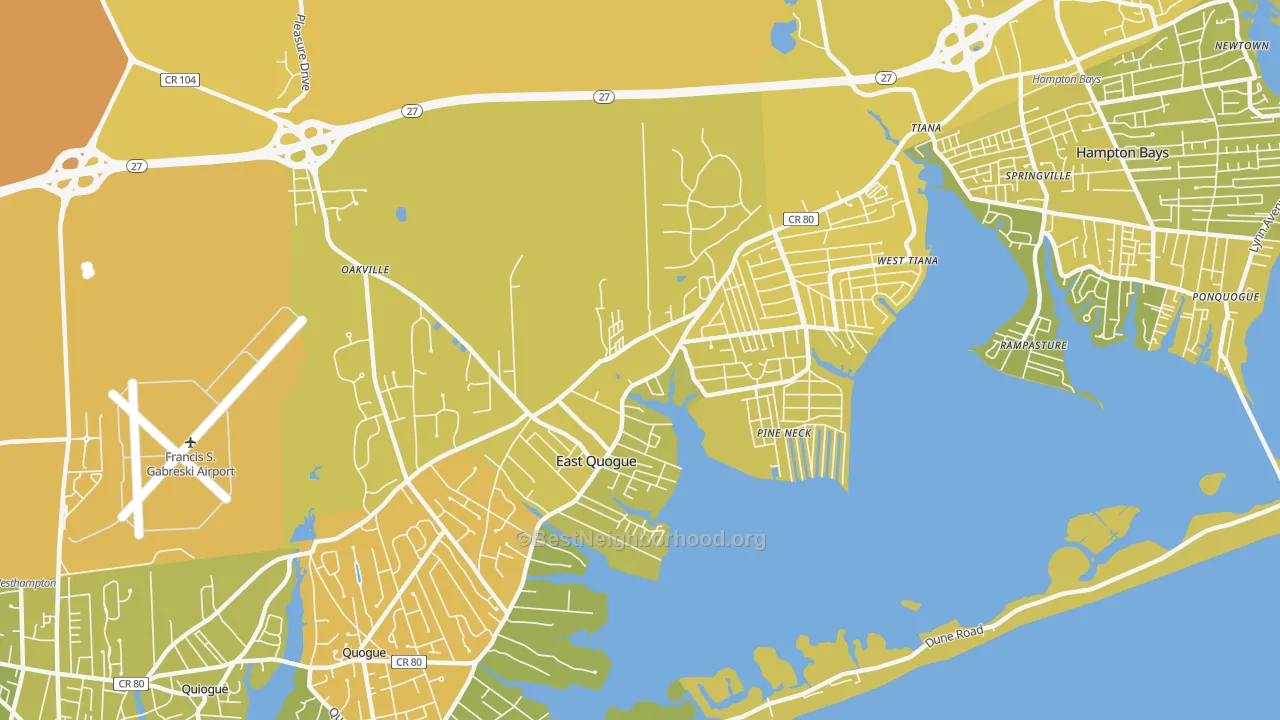 Map of the best neighborhoods in the East Quogue area, with better matches in green and worse matches in red