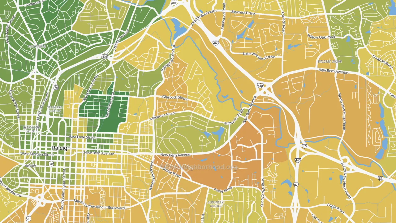 Map of the best neighborhoods in the East Raleigh, Raleigh area, with better matches in green and worse matches in red