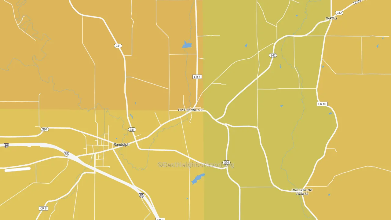 Map of the best neighborhoods in the East Randolph area, with better matches in green and worse matches in red