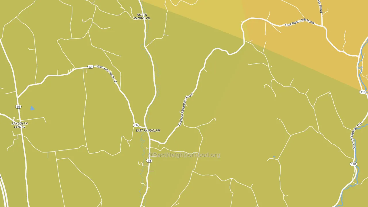 Map of the best neighborhoods in the East Randolph area, with better matches in green and worse matches in red
