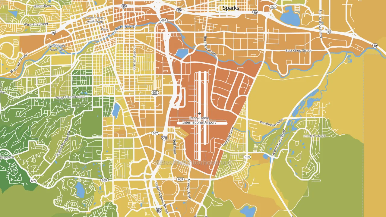 Map of the best neighborhoods in the East Reno, Reno area, with better matches in green and worse matches in red