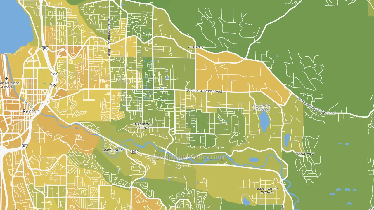 Map of the best neighborhoods in the East Renton Highlands area, with better matches in green and worse matches in red