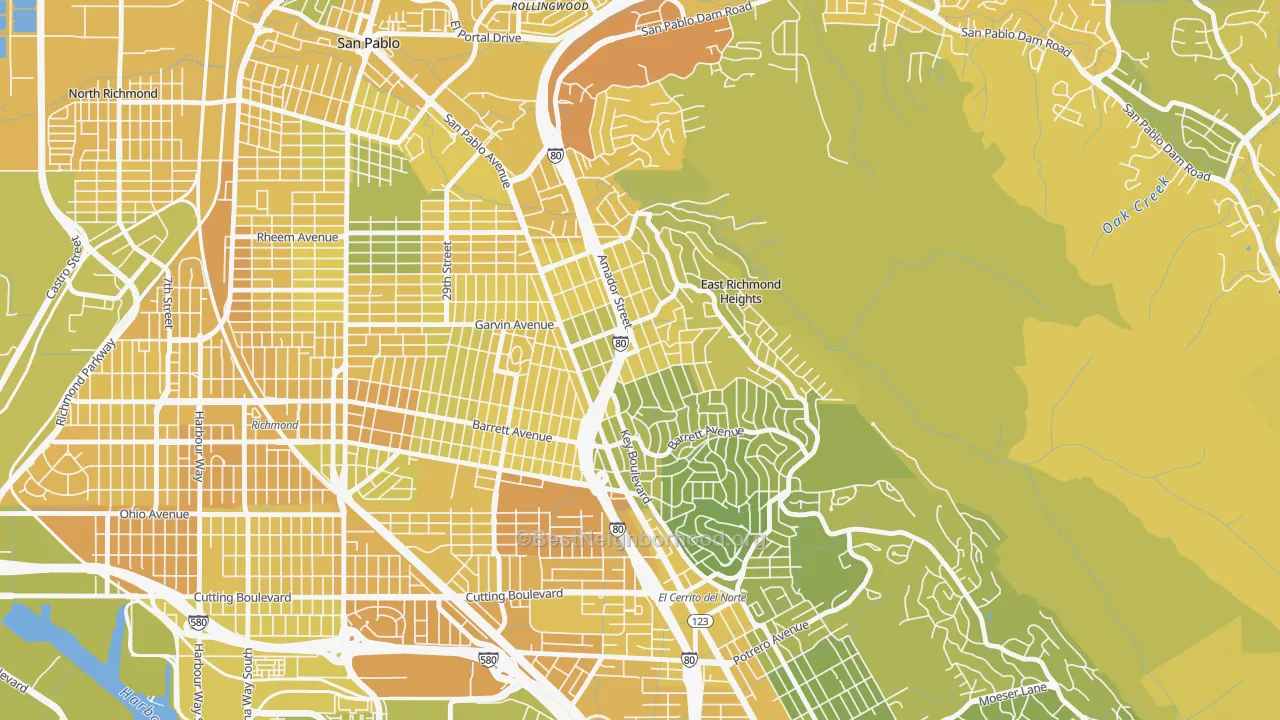 Map of the best neighborhoods in the East Richmond, Richmond area, with better matches in green and worse matches in red