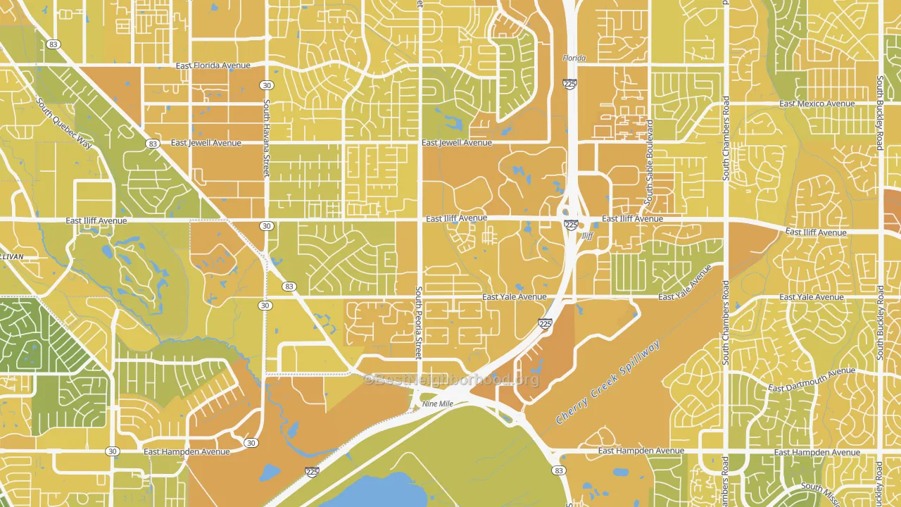 Map of the best neighborhoods in the East Ridge-Ptarmigan Park, Aurora area, with better matches in green and worse matches in red
