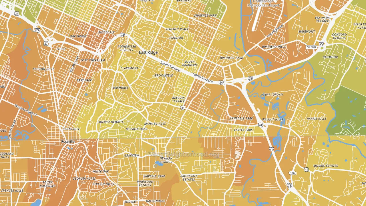 Map of the best neighborhoods in the East Ridge area, with better matches in green and worse matches in red