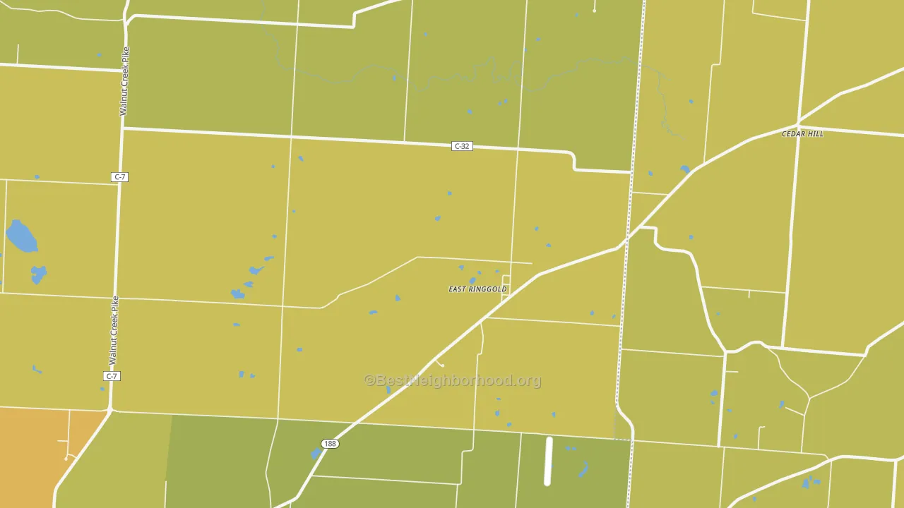 Map of the best neighborhoods in the East Ringgold area, with better matches in green and worse matches in red