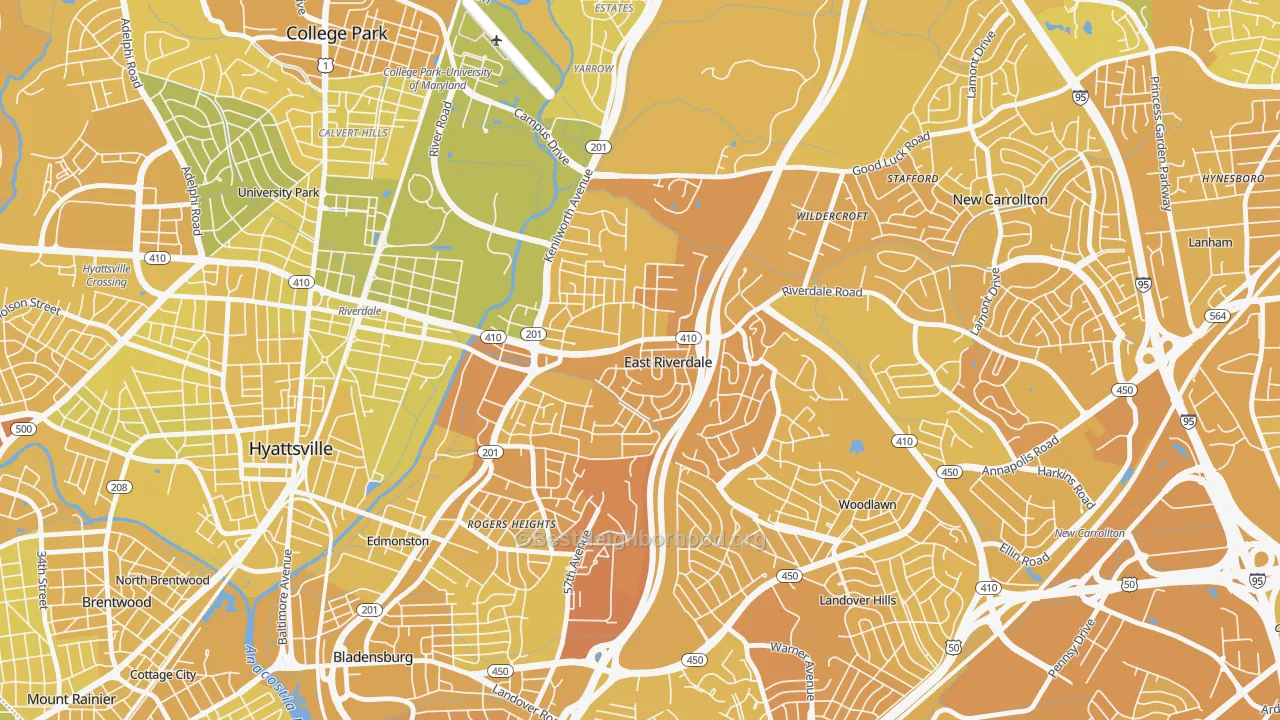 Map of the best neighborhoods in the East Riverdale area, with better matches in green and worse matches in red