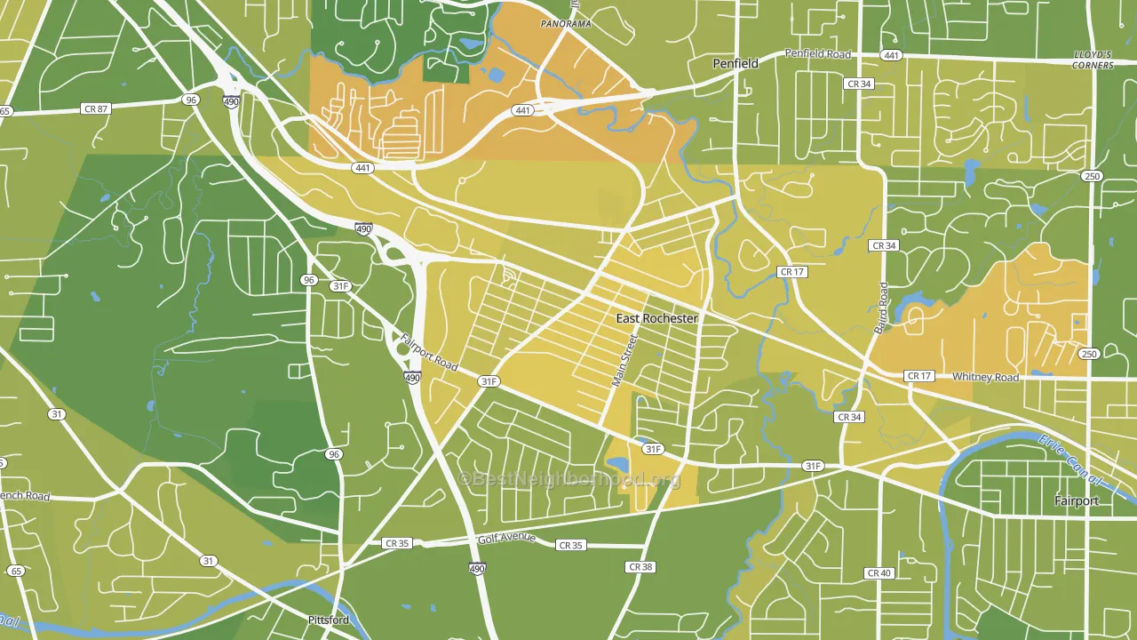 Map of the best neighborhoods in the East Rochester area, with better matches in green and worse matches in red