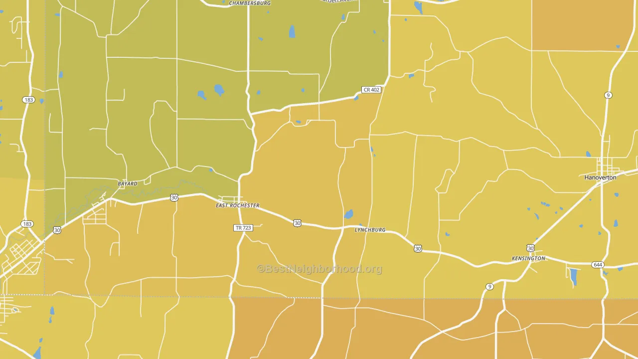 Map of the best neighborhoods in the East Rochester area, with better matches in green and worse matches in red