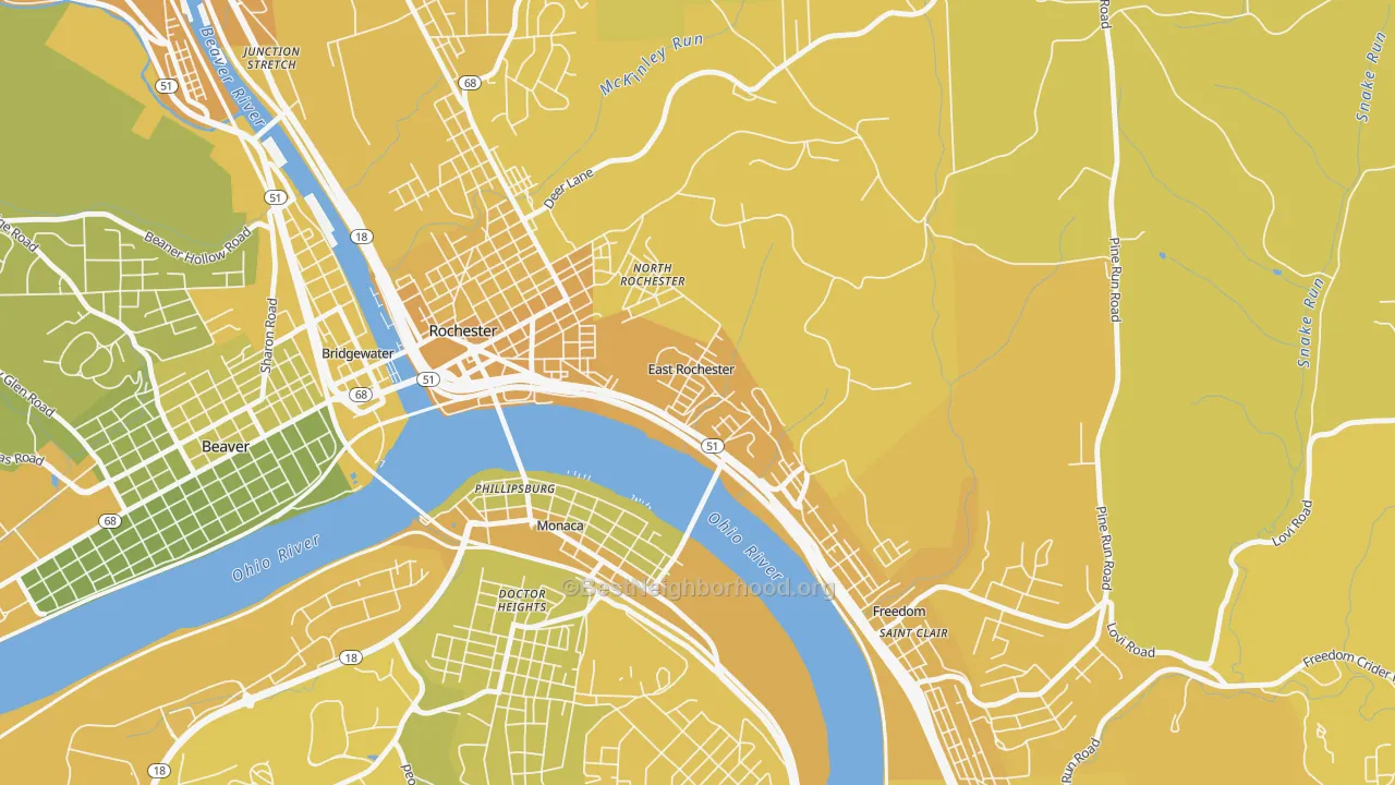 Map of the best neighborhoods in the East Rochester area, with better matches in green and worse matches in red