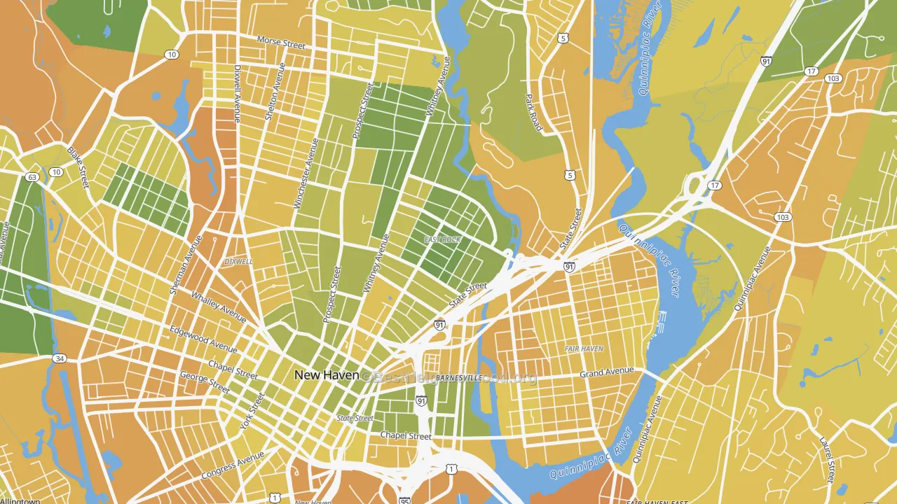 Map of the best neighborhoods in the East Rock, New Haven area, with better matches in green and worse matches in red