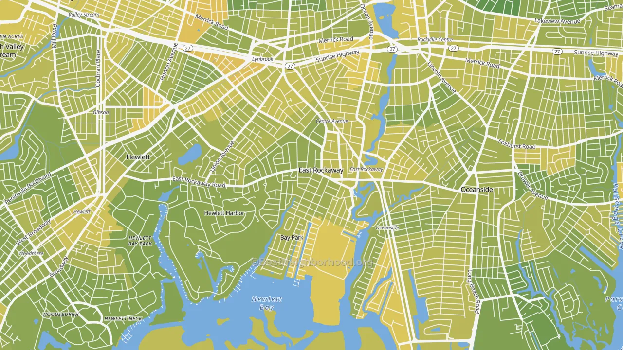 Map of the best neighborhoods in the East Rockaway area, with better matches in green and worse matches in red