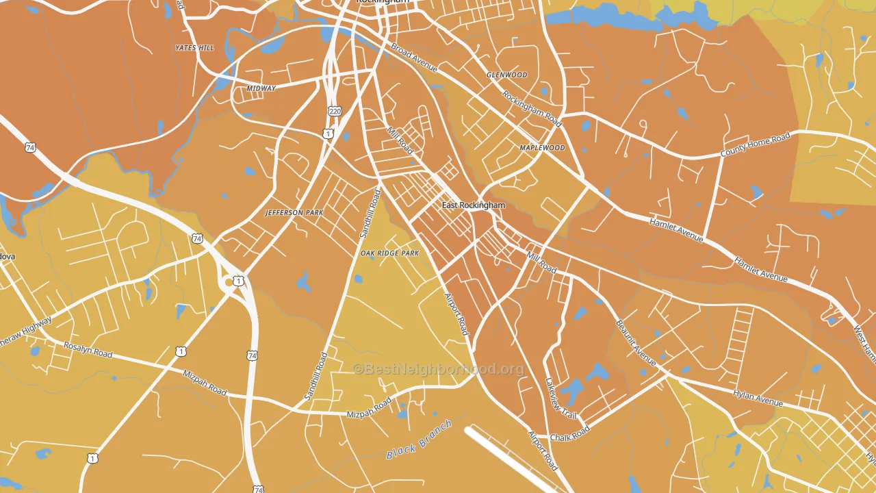 Map of the best neighborhoods in the East Rockingham area, with better matches in green and worse matches in red