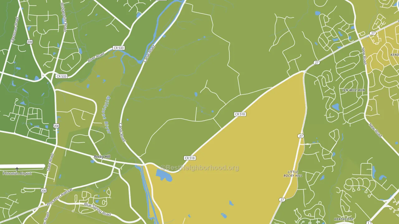 Map of the best neighborhoods in the East Rocky Hill area, with better matches in green and worse matches in red