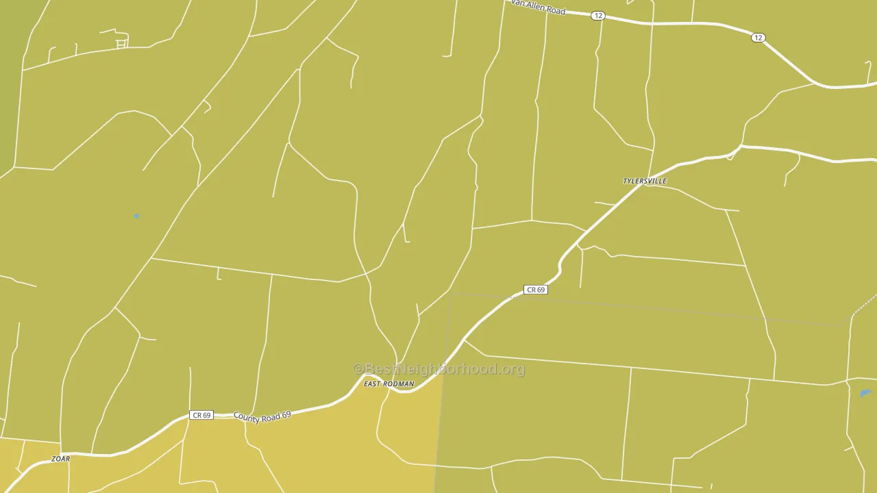 Map of the best neighborhoods in the East Rodman area, with better matches in green and worse matches in red