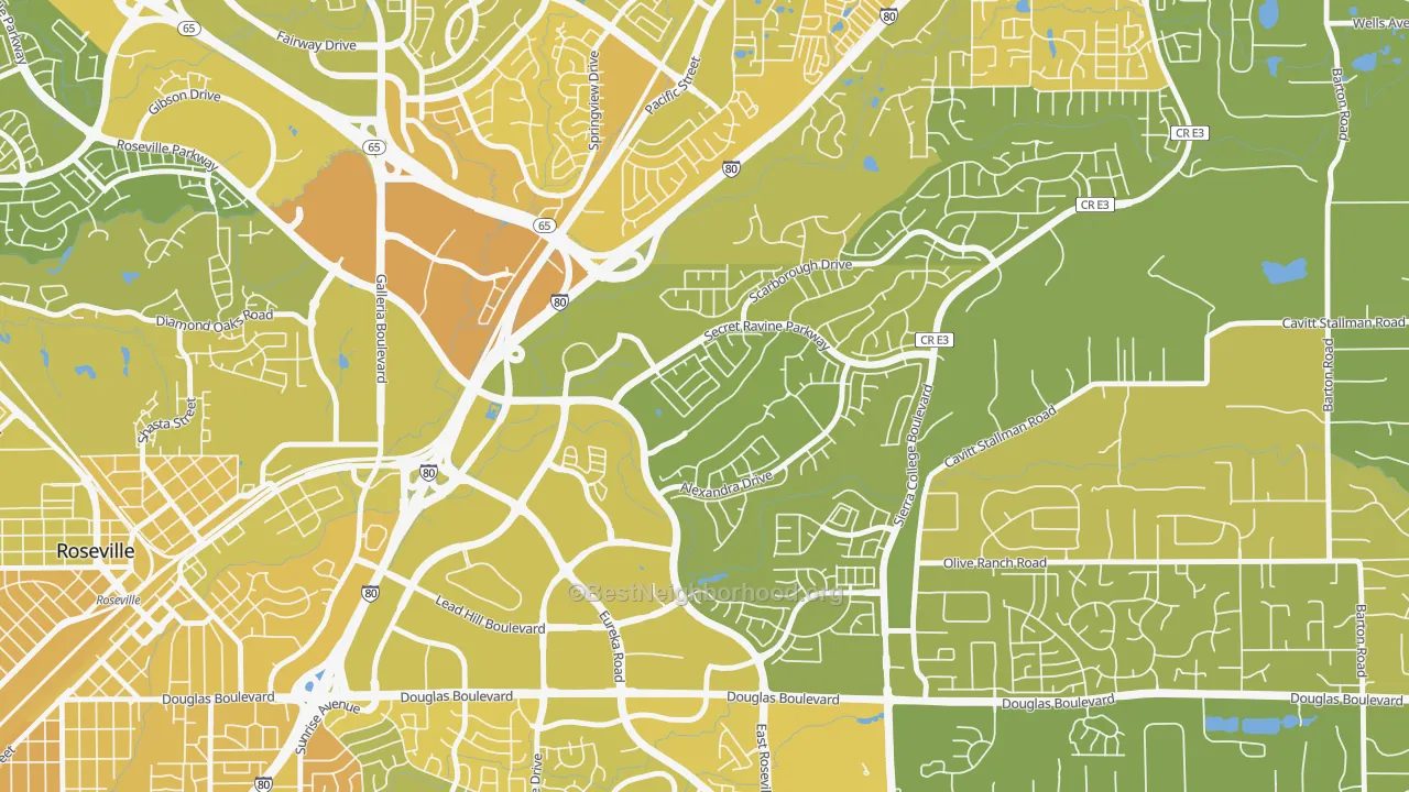 Map of the best neighborhoods in the East Roseville Parkway, Roseville area, with better matches in green and worse matches in red