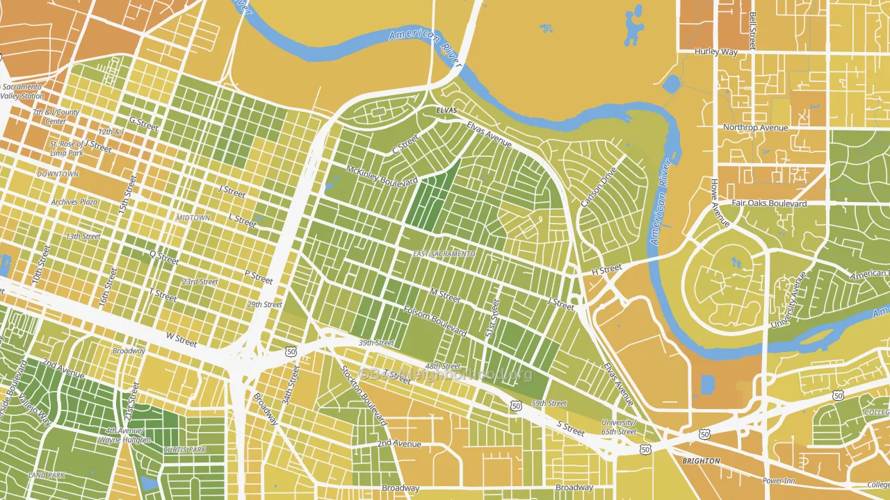 Map of the best neighborhoods in the East Sacramento, Sacramento area, with better matches in green and worse matches in red