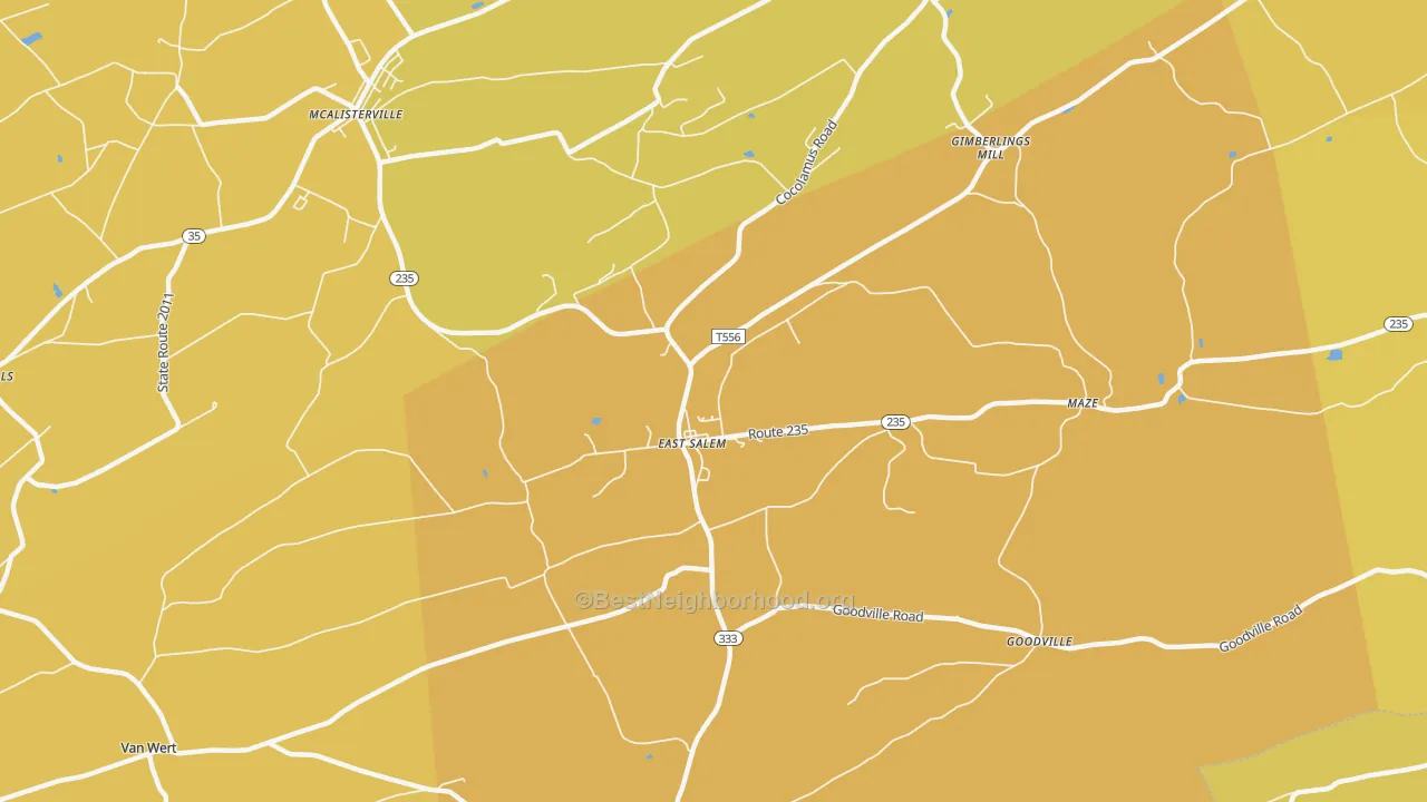 Map of the best neighborhoods in the East Salem area, with better matches in green and worse matches in red