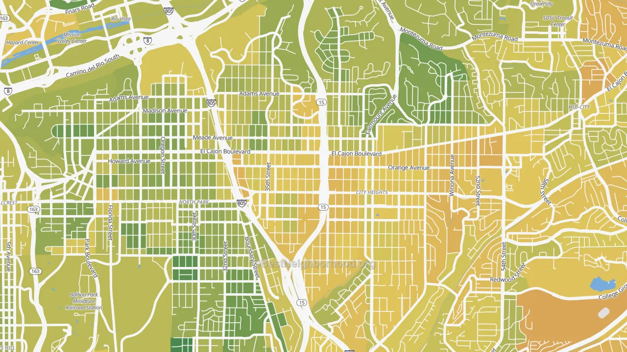 Map of the best neighborhoods in the East San Diego, San Diego area, with better matches in green and worse matches in red