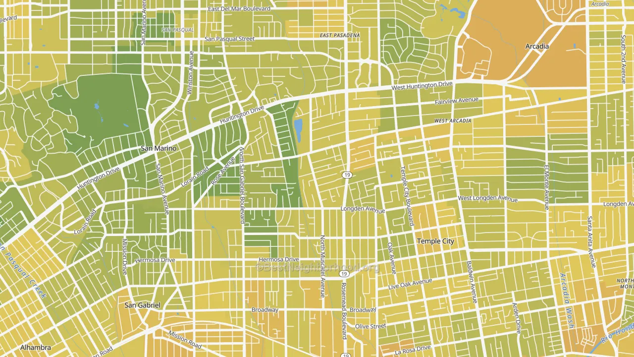 Map of the best neighborhoods in the East San Gabriel, San Gabriel area, with better matches in green and worse matches in red