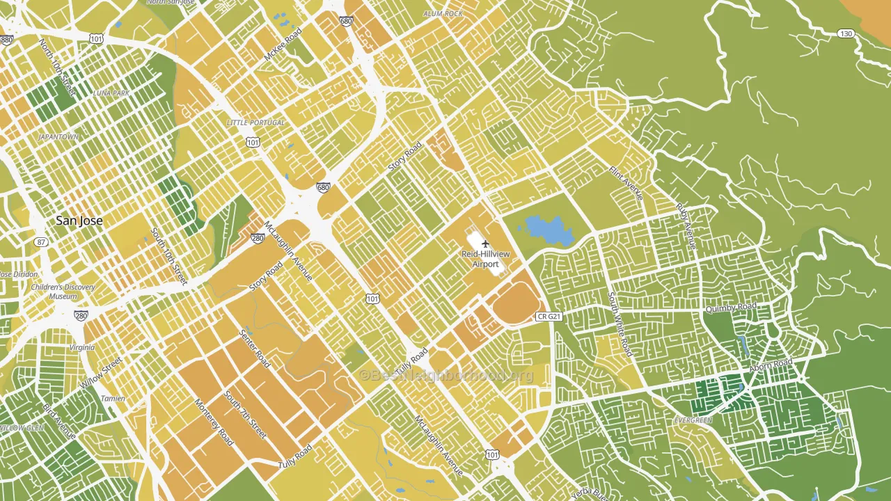 Map of the best neighborhoods in the East San Jose, San Jose area, with better matches in green and worse matches in red