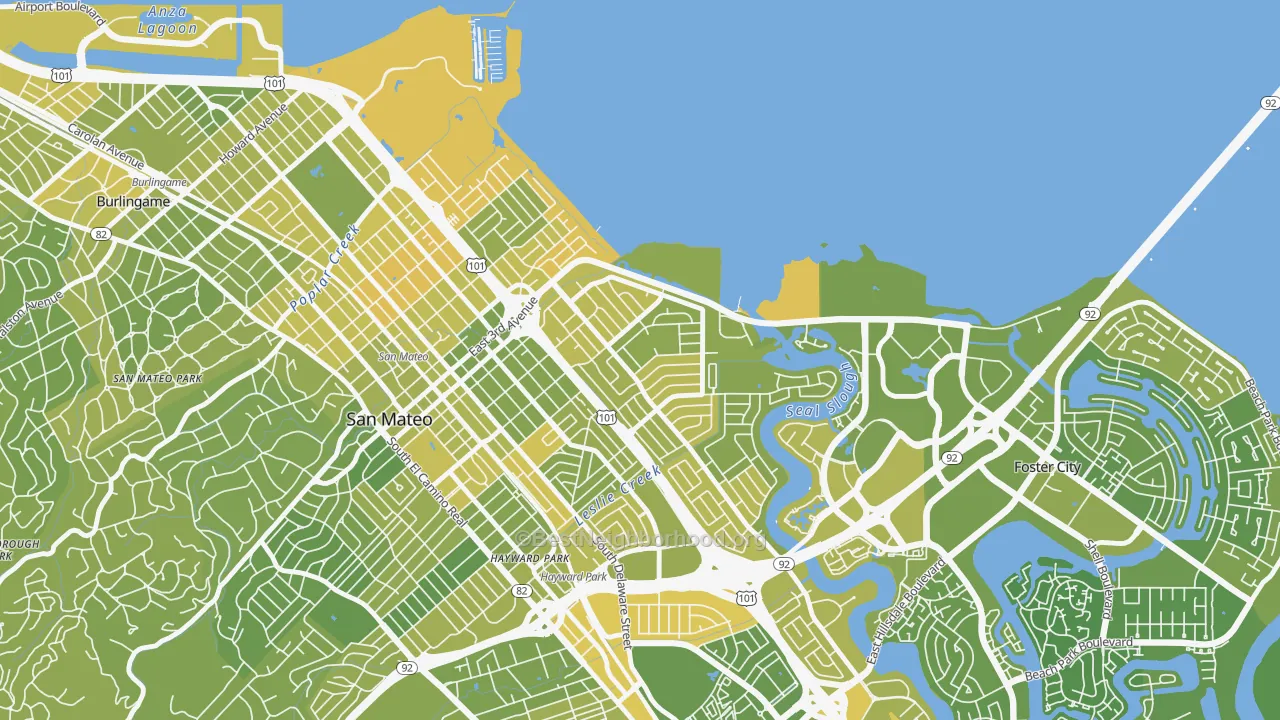 Map of the best neighborhoods in the East San Mateo, San Mateo area, with better matches in green and worse matches in red