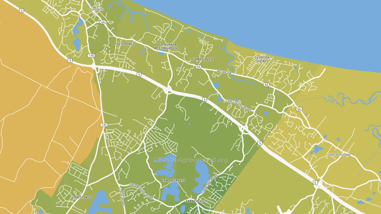 Map of the best neighborhoods in the East Sandwich area, with better matches in green and worse matches in red