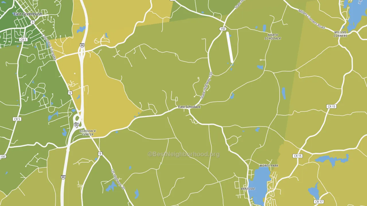 Map of the best neighborhoods in the East Schodack area, with better matches in green and worse matches in red
