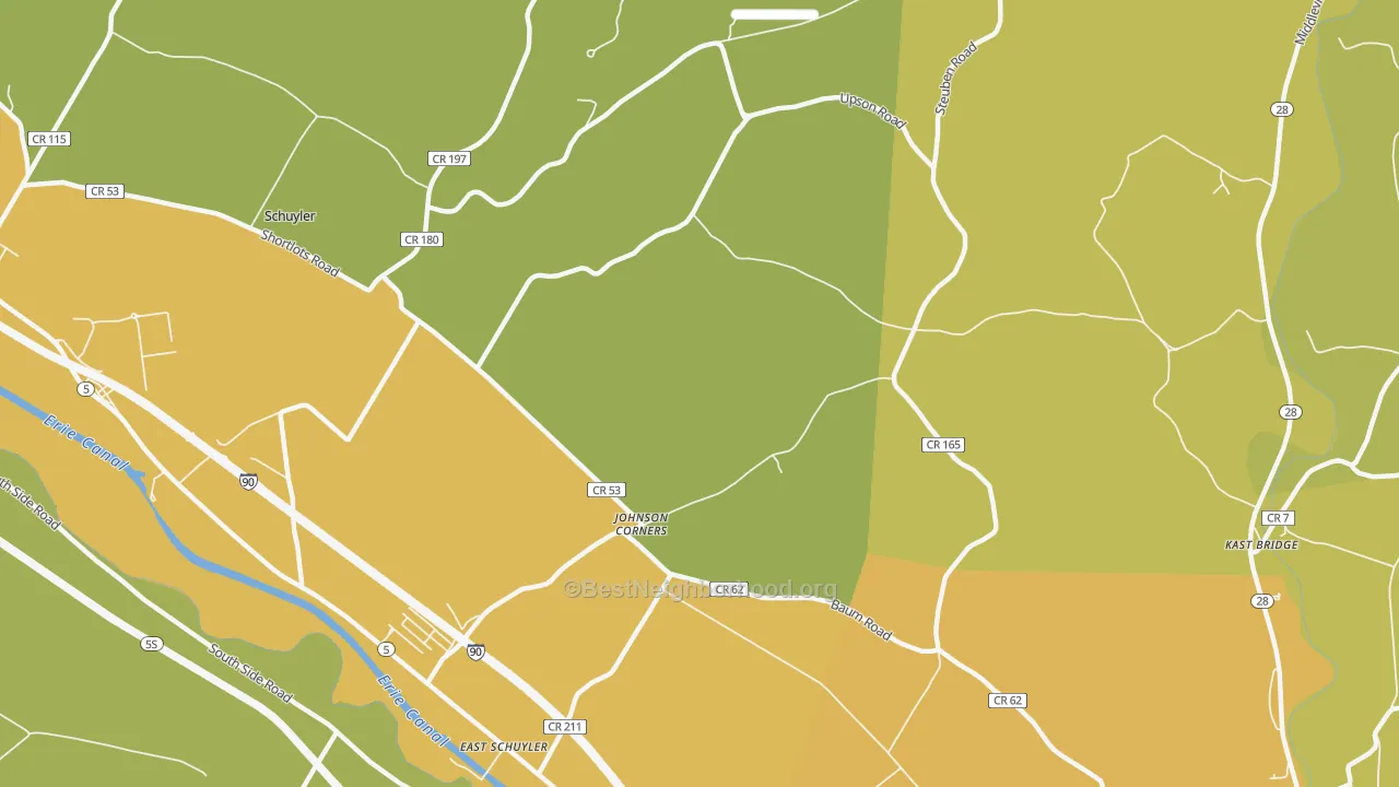 Map of the best neighborhoods in the East Schuyler area, with better matches in green and worse matches in red