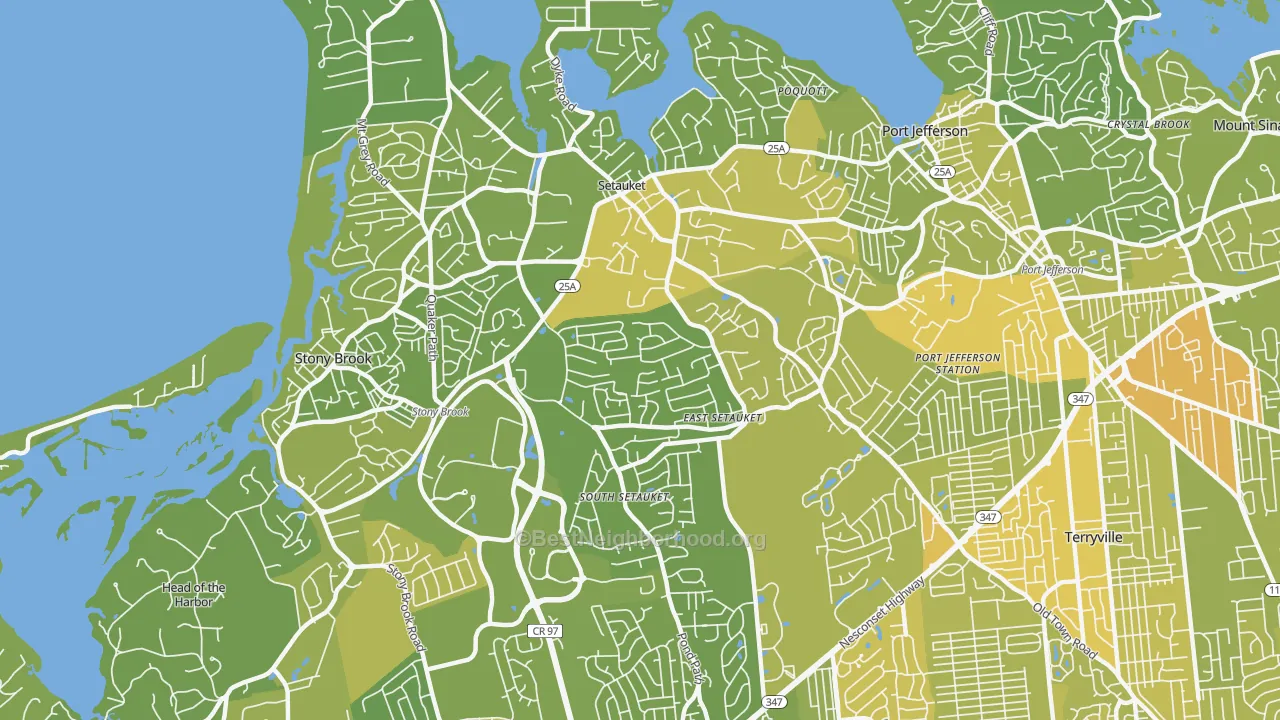 Map of the best neighborhoods in the East Setauket area, with better matches in green and worse matches in red