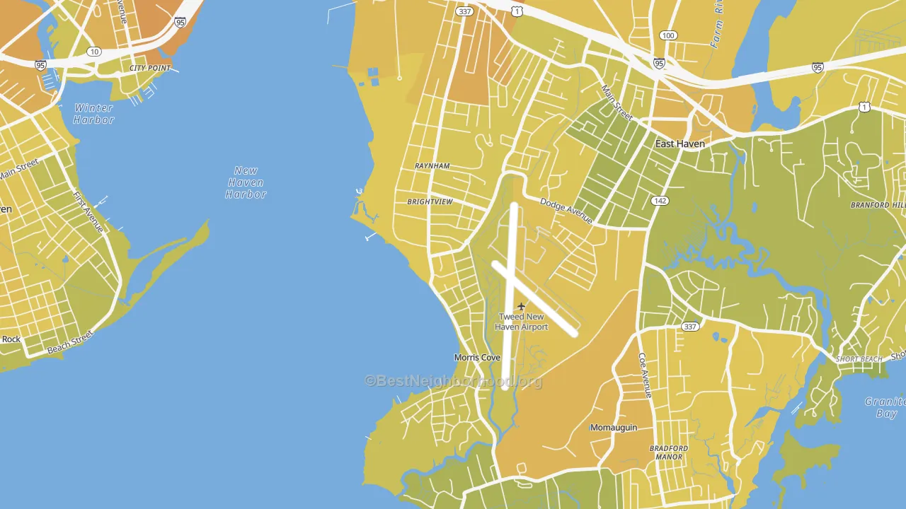 Map of the best neighborhoods in the East Shore, East Haven area, with better matches in green and worse matches in red