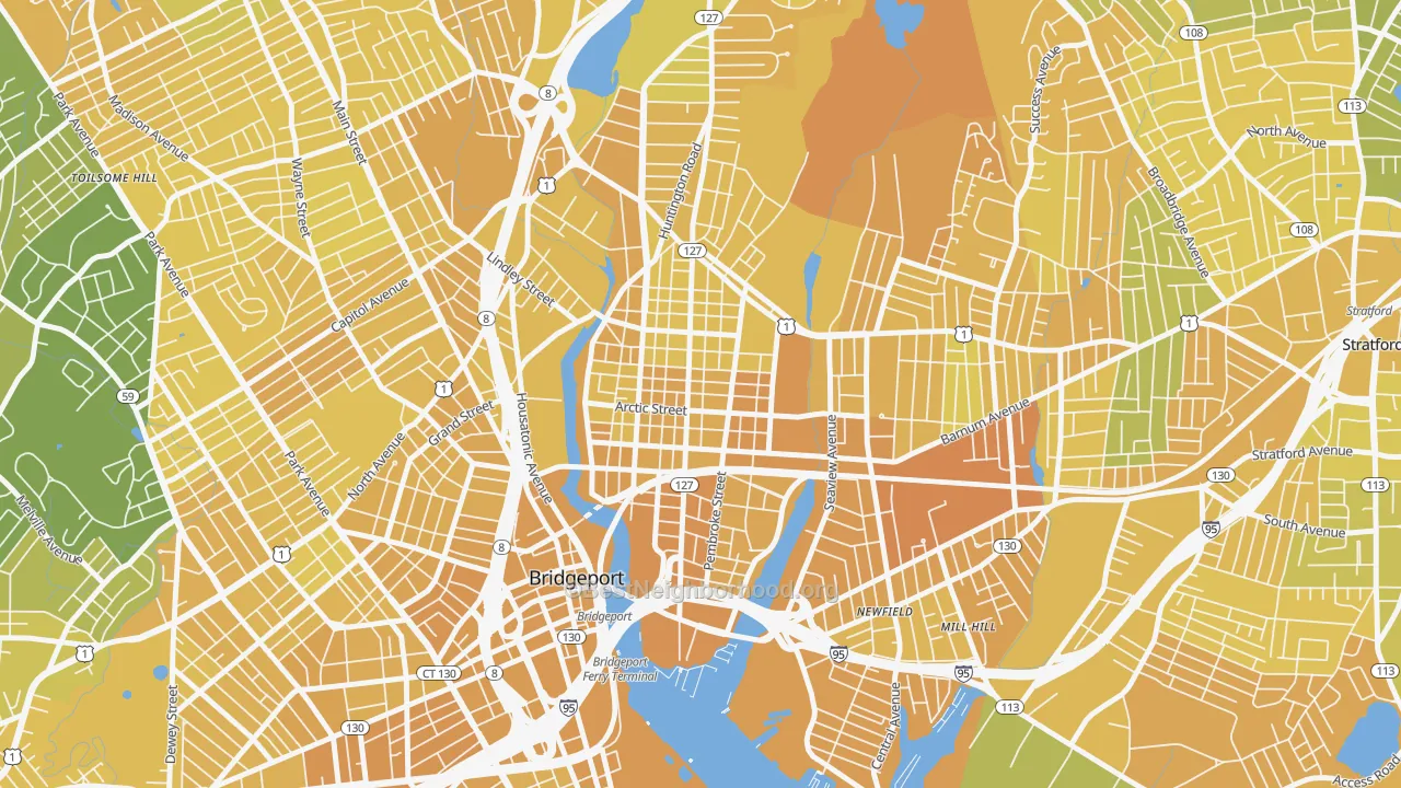 Map of the best neighborhoods in the East Side-Bridgeport, Bridgeport area, with better matches in green and worse matches in red